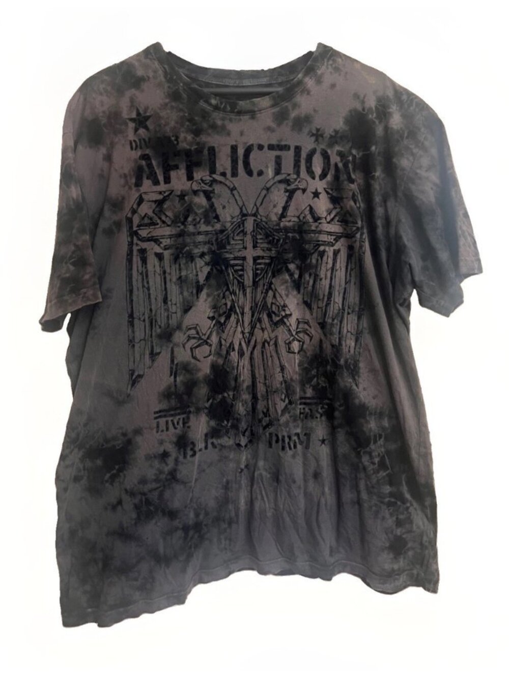 Vintage Y2K Affliction Live Fast Black And Grey Tie Dye T-Shirt Size 2XL. Bb
